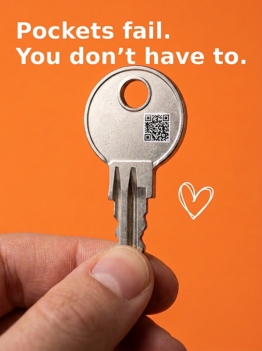 A key with a tiny QR sticker on the head — Pockets fail. You don’t have to.
