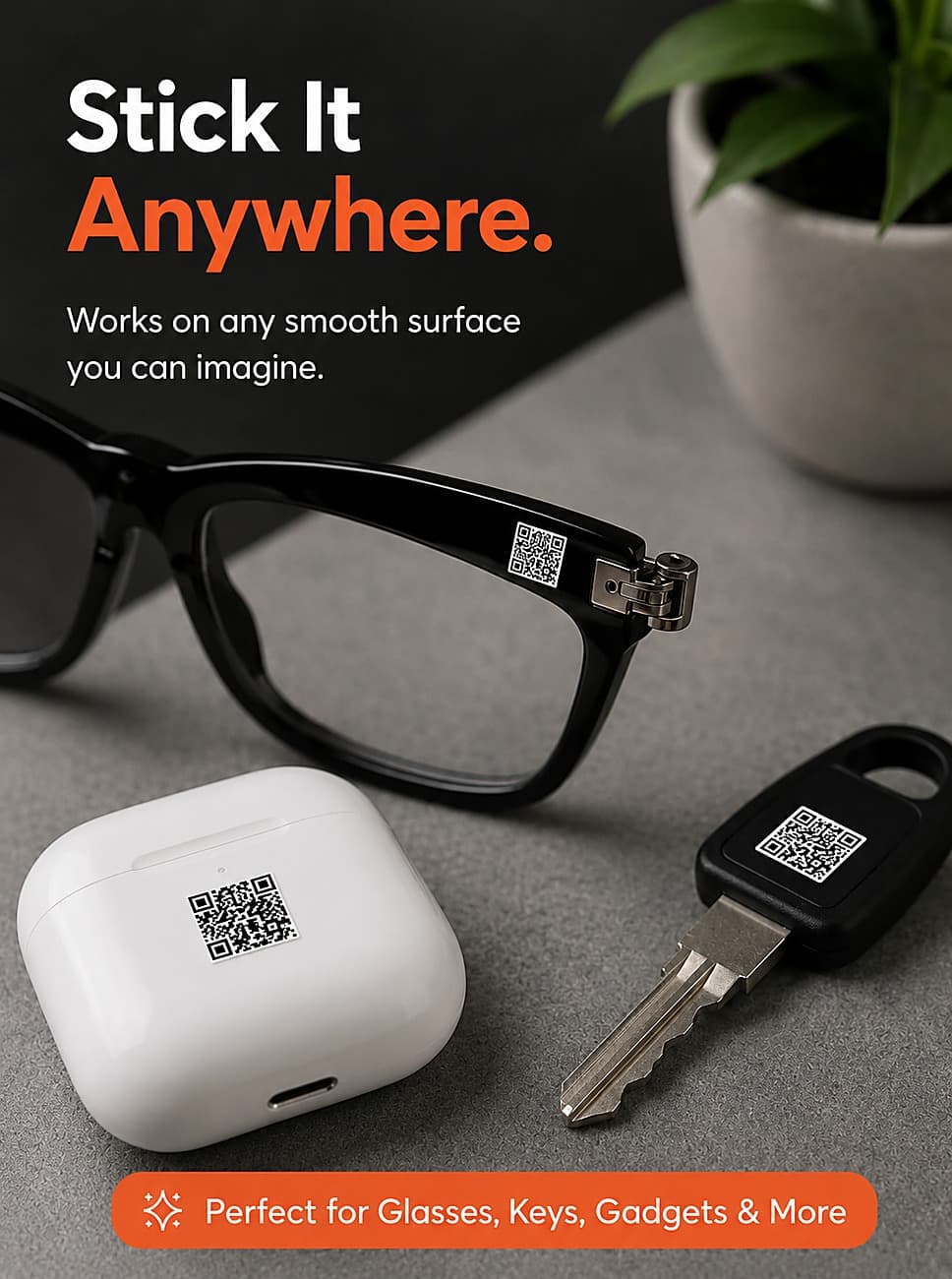 QR stickers on sunglasses, AirPods, and a key